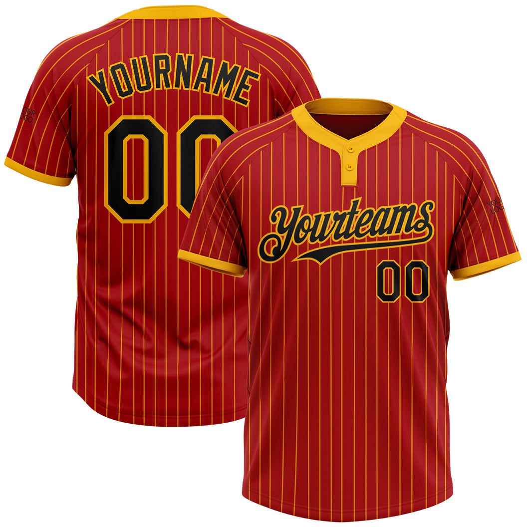 Custom Red Gold Pinstripe Black Two-Button Unisex Softball Jersey