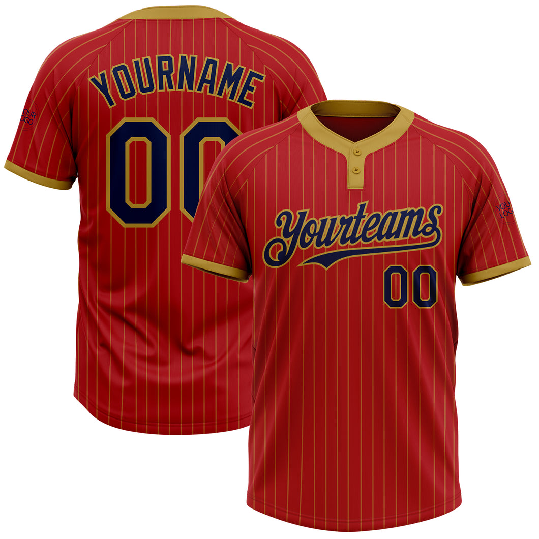 Custom Red Old Gold Pinstripe Navy Two-Button Unisex Softball Jersey