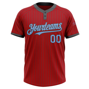 Custom Red Steel Gray Pinstripe Light Blue Two-Button Unisex Softball Jersey