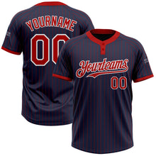 Load image into Gallery viewer, Custom Navy Red Pinstripe White Two-Button Unisex Softball Jersey
