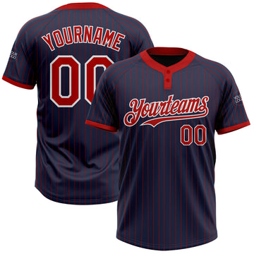 Custom Navy Red Pinstripe White Two-Button Unisex Softball Jersey