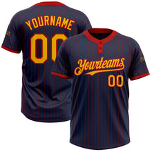 Load image into Gallery viewer, Custom Navy Red Pinstripe Gold Two-Button Unisex Softball Jersey
