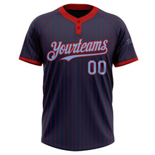 Load image into Gallery viewer, Custom Navy Red Pinstripe Light Blue Two-Button Unisex Softball Jersey
