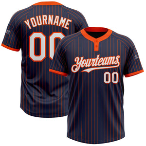 Custom Navy Orange Pinstripe White Two-Button Unisex Softball Jersey