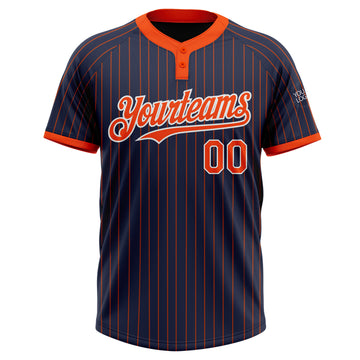 Custom Navy Orange Pinstripe White Two-Button Unisex Softball Jersey