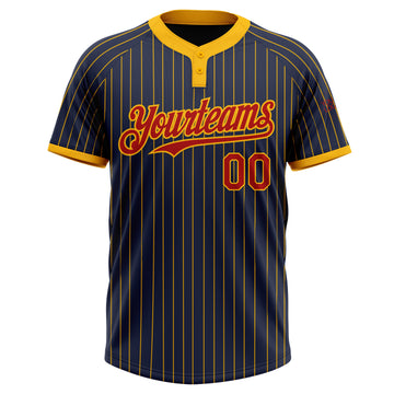 Custom Navy Gold Pinstripe Red Two-Button Unisex Softball Jersey