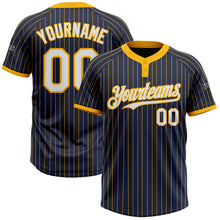 Laden Sie das Bild in den Galerie-Viewer, Custom Navy Gold Pinstripe White Two-Button Unisex Softball Jersey
