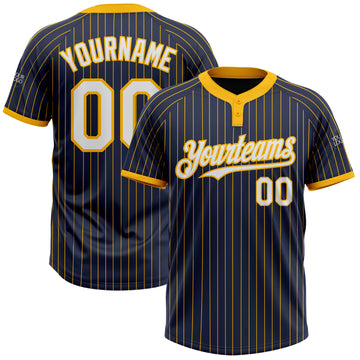 Custom Navy Gold Pinstripe White Two-Button Unisex Softball Jersey