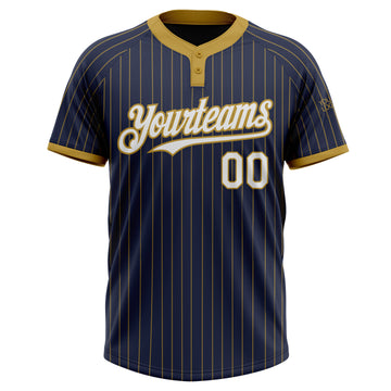 Custom Navy Old Gold Pinstripe White Two-Button Unisex Softball Jersey