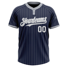 Laden Sie das Bild in den Galerie-Viewer, Custom Navy Gray Pinstripe White Two-Button Unisex Softball Jersey
