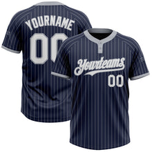 Laden Sie das Bild in den Galerie-Viewer, Custom Navy Gray Pinstripe White Two-Button Unisex Softball Jersey
