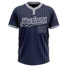 Laden Sie das Bild in den Galerie-Viewer, Custom Navy Gray Pinstripe White Two-Button Unisex Softball Jersey
