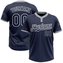 Laden Sie das Bild in den Galerie-Viewer, Custom Navy Gray Pinstripe White Two-Button Unisex Softball Jersey
