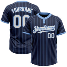 Laden Sie das Bild in den Galerie-Viewer, Custom Navy Light Blue Pinstripe White Two-Button Unisex Softball Jersey
