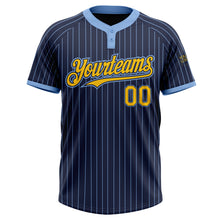 Load image into Gallery viewer, Custom Navy Light Blue Pinstripe Yellow Two-Button Unisex Softball Jersey
