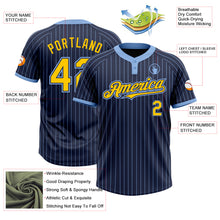 Load image into Gallery viewer, Custom Navy Light Blue Pinstripe Yellow Two-Button Unisex Softball Jersey
