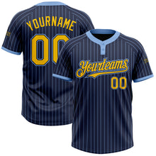 Load image into Gallery viewer, Custom Navy Light Blue Pinstripe Yellow Two-Button Unisex Softball Jersey
