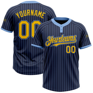 Custom Navy Light Blue Pinstripe Yellow Two-Button Unisex Softball Jersey