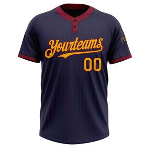 Custom Navy Crimson Pinstripe Gold Two-Button Unisex Softball Jersey