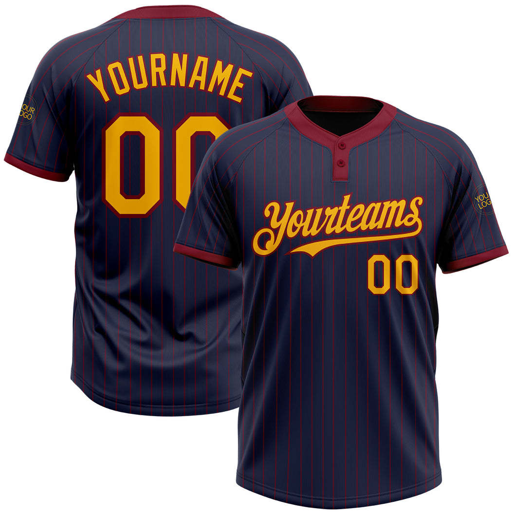 Custom Navy Crimson Pinstripe Gold Two-Button Unisex Softball Jersey