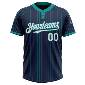 Custom Navy Teal Pinstripe White Two-Button Unisex Softball Jersey