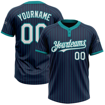 Custom Navy Teal Pinstripe White Two-Button Unisex Softball Jersey