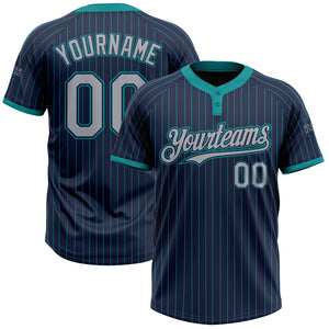 Custom Navy Teal Pinstripe Gray Two-Button Unisex Softball Jersey