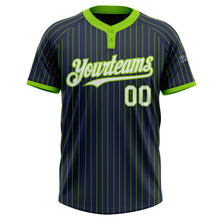 Load image into Gallery viewer, Custom Navy Neon Green Pinstripe White Two-Button Unisex Softball Jersey
