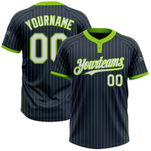 Load image into Gallery viewer, Custom Navy Neon Green Pinstripe White Two-Button Unisex Softball Jersey
