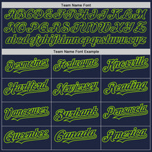 Load image into Gallery viewer, Custom Navy Neon Green Pinstripe Neon Green Two-Button Unisex Softball Jersey
