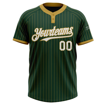 Custom Green Old Gold Pinstripe White Two-Button Unisex Softball Jersey