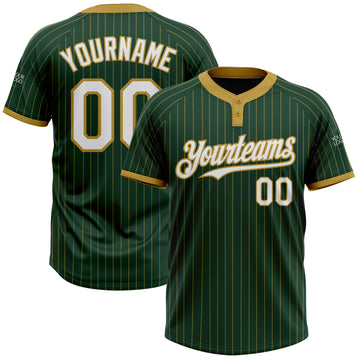 Custom Green Old Gold Pinstripe White Two-Button Unisex Softball Jersey