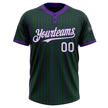 Custom Green Purple Pinstripe White Two-Button Unisex Softball Jersey