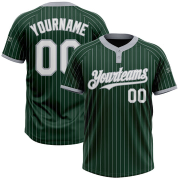 Custom Green Gray Pinstripe White Two-Button Unisex Softball Jersey