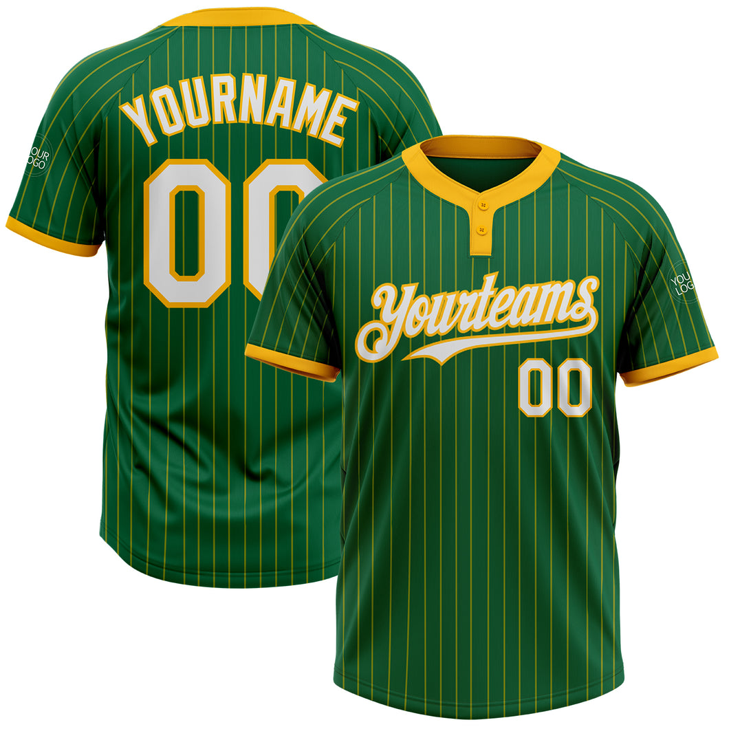 Custom Kelly Green Gold Pinstripe White Two-Button Unisex Softball Jersey