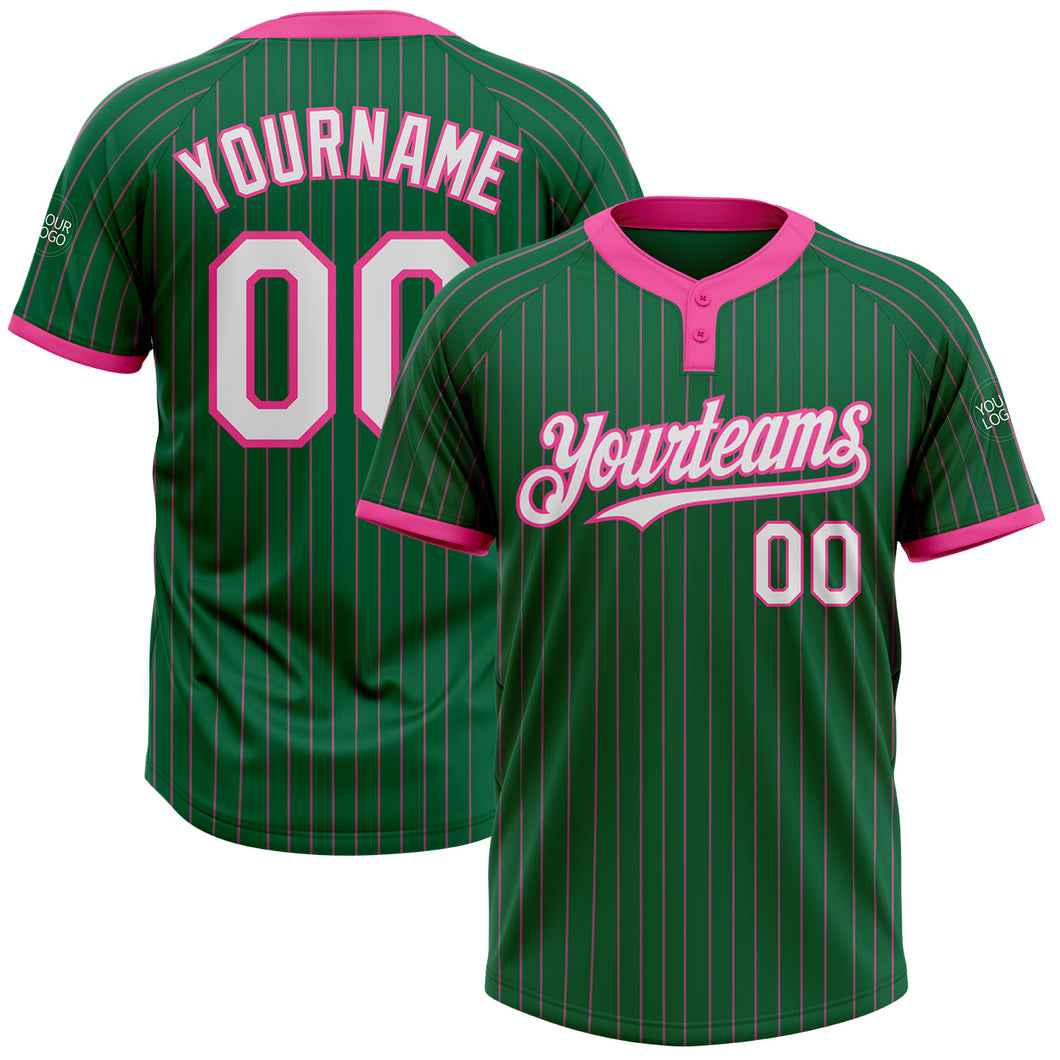 Custom Kelly Green Pink Pinstripe White Two-Button Unisex Softball Jersey