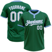 Load image into Gallery viewer, Custom Kelly Green Light Blue Pinstripe White Two-Button Unisex Softball Jersey
