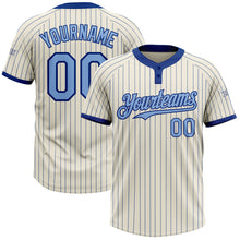 Load image into Gallery viewer, Custom Cream Royal Pinstripe Light Blue Two-Button Unisex Softball Jersey
