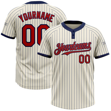 Custom Cream Navy Pinstripe Red Two-Button Unisex Softball Jersey