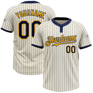 Custom Cream Navy Pinstripe Gold Two-Button Unisex Softball Jersey