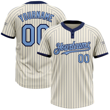 Custom Cream Navy Pinstripe Light Blue Two-Button Unisex Softball Jersey