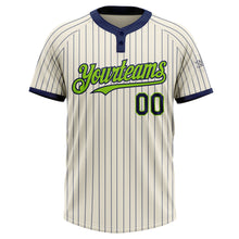 Load image into Gallery viewer, Custom Cream Navy Pinstripe Neon Green Two-Button Unisex Softball Jersey
