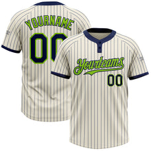 Load image into Gallery viewer, Custom Cream Navy Pinstripe Neon Green Two-Button Unisex Softball Jersey
