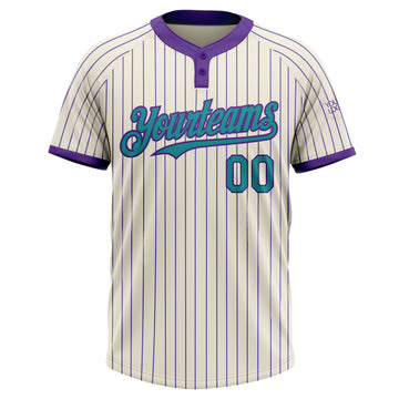 Custom Cream Purple Pinstripe Teal Two-Button Unisex Softball Jersey