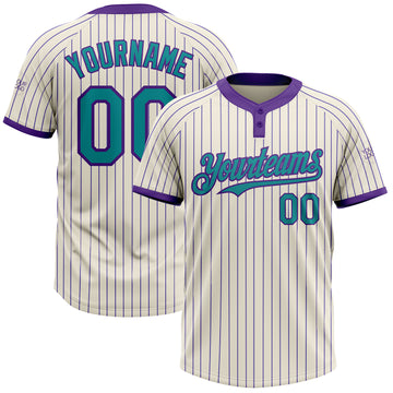 Custom Cream Purple Pinstripe Teal Two-Button Unisex Softball Jersey