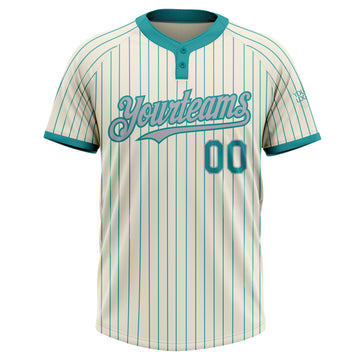 Custom Cream Teal Pinstripe Gray Two-Button Unisex Softball Jersey