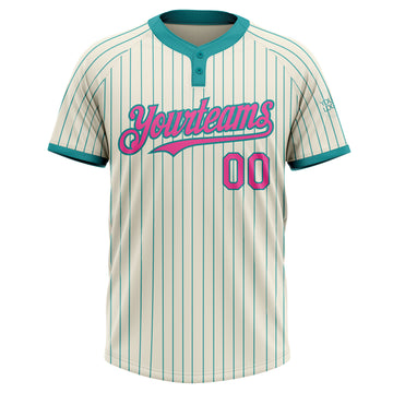 Custom Cream Teal Pinstripe Pink Two-Button Unisex Softball Jersey