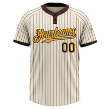 Load image into Gallery viewer, Custom Cream Brown Pinstripe Gold Two-Button Unisex Softball Jersey
