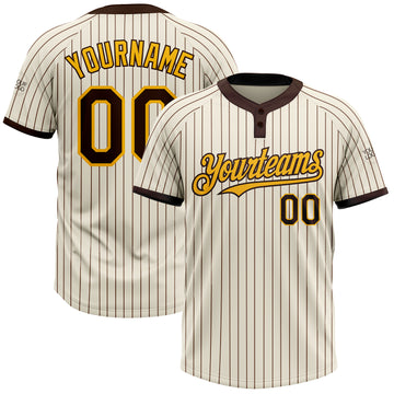 Custom Cream Brown Pinstripe Gold Two-Button Unisex Softball Jersey