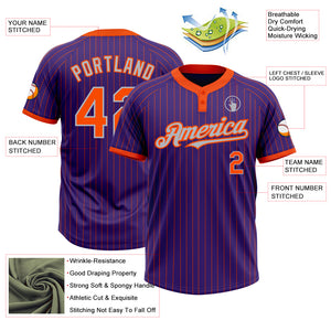 Custom Purple Orange Pinstripe Gray Two-Button Unisex Softball Jersey